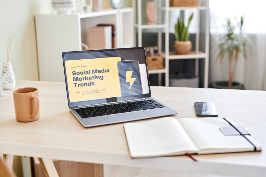 Laptop displaying social media marketing trends